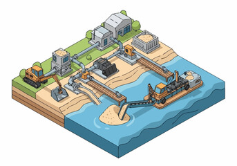 Obraz premium Industrial water treatment plant with heavy machinery and construction.