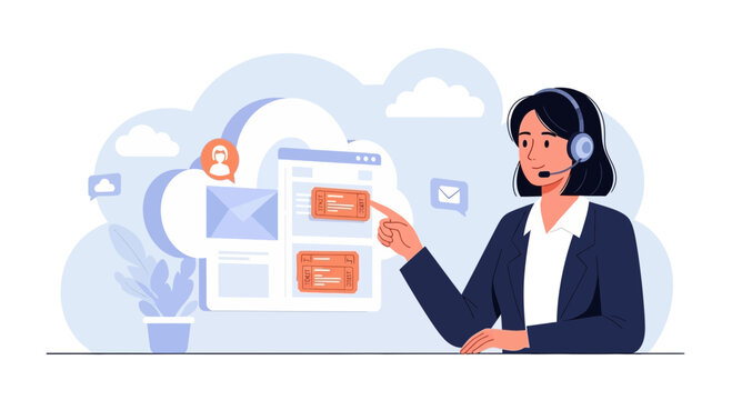 Customer service agent with headset interacting with digital interface