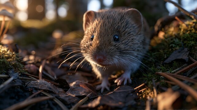 Small bank vole scurries through forest floor.