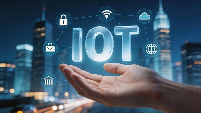 Internet of Things IoT concept with glowing text held in hand, connected icons for security, wifi, cloud, email, bank, and globe over blurred city night background.