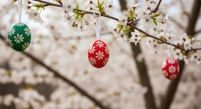 Three floral patterned easter eggs hanging from blooming cherry blossom branch against soft spring background.