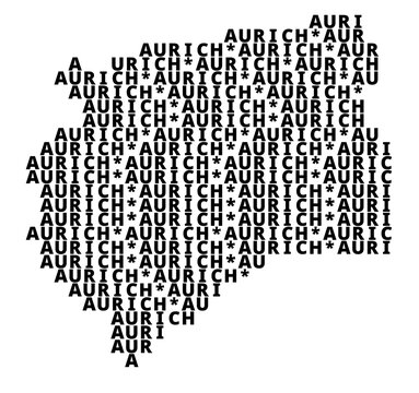 Typographic Map of the city Aurich (Germany) with a pattern of capital letters that only show the name of the city