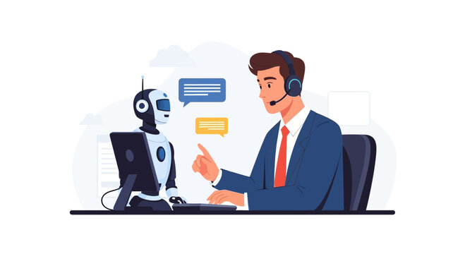 Human and robot collaborate in a modern office setting, AI assistance