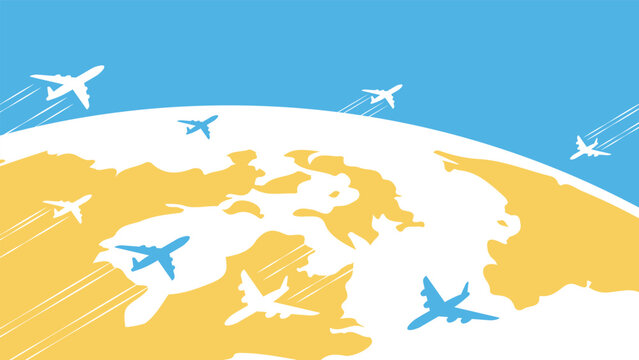 Isometric horizontal retro web banner with passenger planes flying against the backdrop of planet Earth. 3D cartoon vector isolated on blue sky background