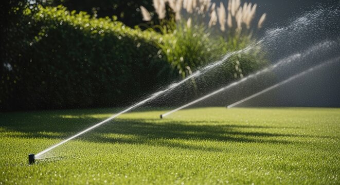 Lush green lawn sprinkler system in operation residential garden irrigation with sunlight