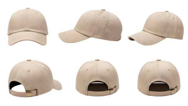 Set of beige baseball caps in different angles isolated on black background