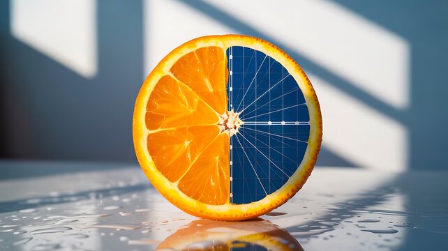 Orange fruit with solar panel concept representing renewable energy innovation