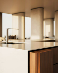 Fototapeta premium A serene kitchen interior with modern faucet and wooden accents