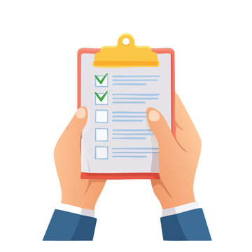 Hands holding a clipboard with checklist and green check marks vector illustration