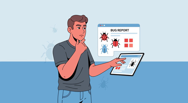 Man analyzing bug report on tablet, coding, software development, debugging