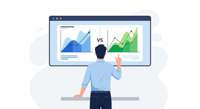 Man analyzing data comparison on digital screen with graphs