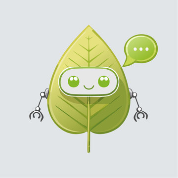 Cute Leaf Robot Character with Speech Bubble