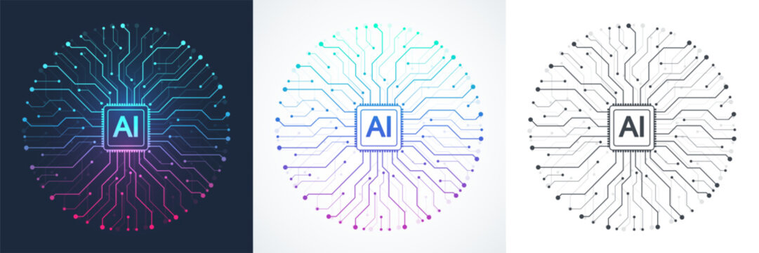 Modern handmade vector icon, sign, logo circuit line style in the Artificial intelligence concept. Set AI processor icon flat design. Motherboard digital chip AI.