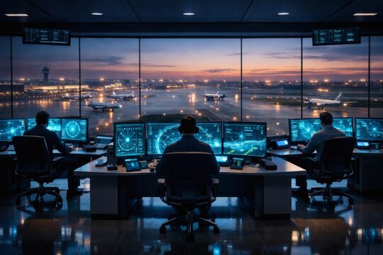Air traffic controllers working at night with multiple screens and airport view at dusk