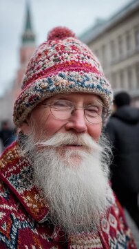 Old Santa look man with white beard wearing a red wool cap and sweater on a crowded urban city street, festive winter lifestyle portrait