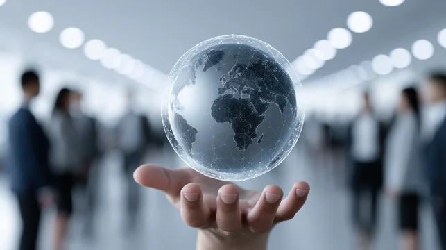 Global Digital Network Technology Concept, Close up hand of businessman holding Global Digital Network earth with blurred business people around in office