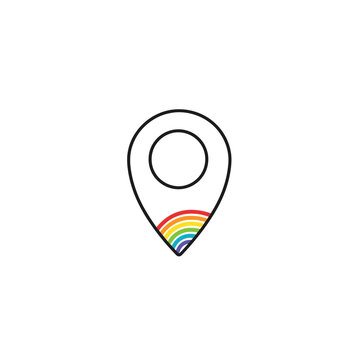 Rainbow colored location pin icon.