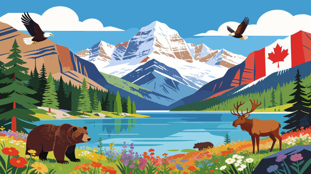 Vibrant Canadian Rocky Mountain landscape featuring diverse wildlife, a serene lake, and the iconic Canadian flag under a clear blue sky.