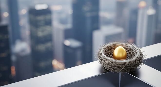 Golden nest egg on a high-rise city building ledge, symbolizing investment and financial security