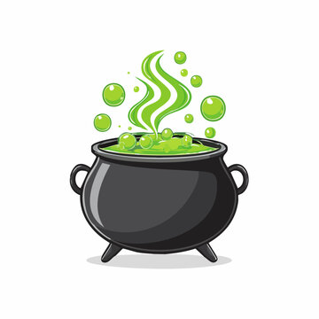 Witches Cauldron with Bubbling Green Potion and Smoke