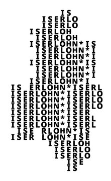 Typographic Map of the city Iserlohn (Germany) with a pattern of capital letters that only show the name of the city