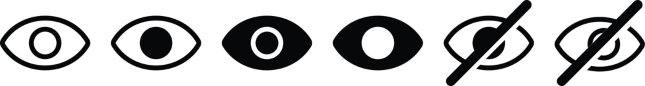 Black line art of human eyes and eighth note symbols arranged in a row.