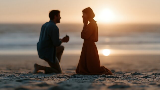 Blurred silhouette of man proposing to woman on beach at sunset. Romantic engagement concept with copy space for wedding, dating or relationship advertising