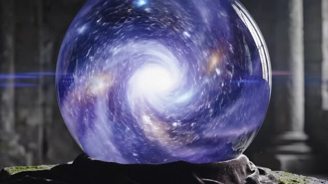 Abstract rendering of a crystal ball with swirling blue and purple smoke