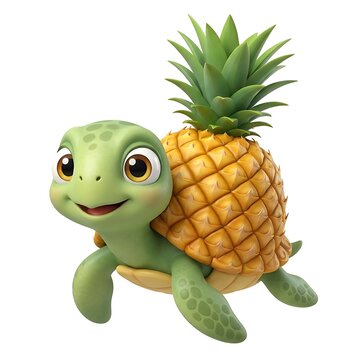 Cartoon baby turtle with pineapple shell on green grass cartoon turtle
