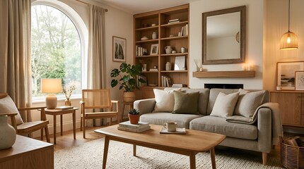 Fototapeta premium Cozy Living Room: Sunny Interior with Wooden Furniture & Decor