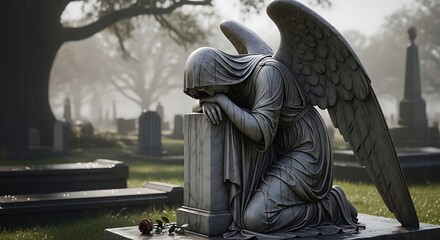 Mourning Stone Angel Statue Kneeling Beside Grave in Misty Cemetery