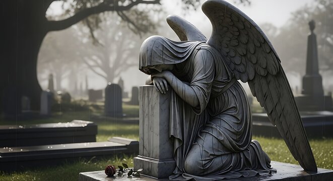 Mourning Stone Angel Statue Kneeling Beside Grave in Misty Cemetery