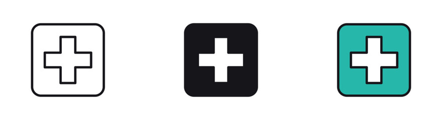 Fototapeta premium Medical cross icon set. Healthcare and emergency aid concept. Outline, glyph and colored style. Vector illustration.