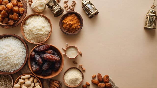 Assortment of Ramadan Food Items and Lanterns on a Neutral Background.