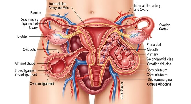 Detailed Female Reproductive System Anatomy Diagram with Labeled Uterus and Ovaries