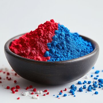 Vibrant Red and Blue Powdered Pigments in a Dark Bowl on White Background for Artistic and Decorative Use