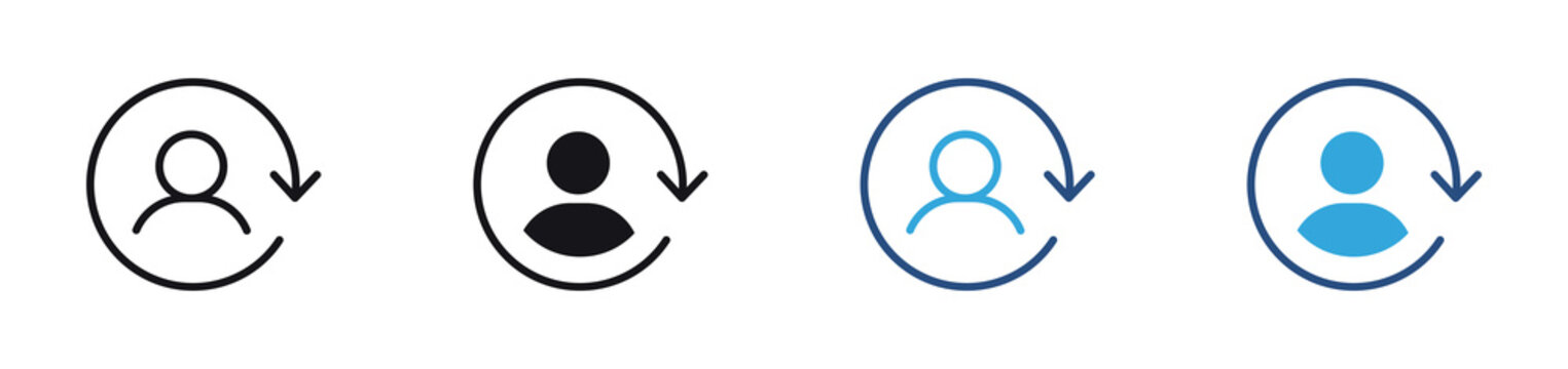 Customer return icon set. User account refresh and profile recovery concept. Outline, glyph and colored style. Vector illustration.