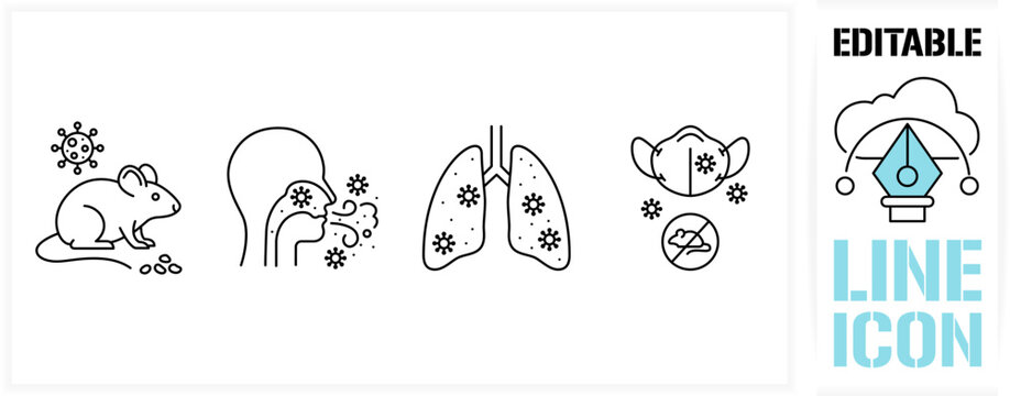 Editable line icon set in a black simple and clean vector outline stroke for hantavirus symptoms, rodent virus transmission, respiratory lung infection and protective medical mask safety concept.