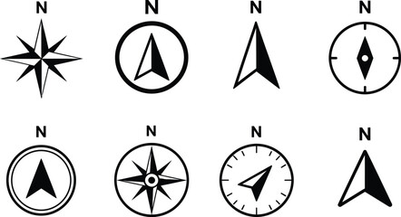Compass Rose and North Arrow Directional Icon Set Navigation Symbols and Mapping Orientation Glyph Collection. Black Vector North Arrows for Cartography and Geographical Design © Fariha