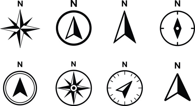 Compass Rose and North Arrow Directional Icon Set
Navigation Symbols and Mapping Orientation Glyph Collection. Black Vector North Arrows for Cartography and Geographical Design