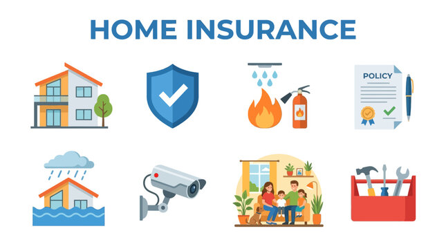 Home Insurance Symbols with House Shield Policy Fire Flood Camera Family and Repair Tools