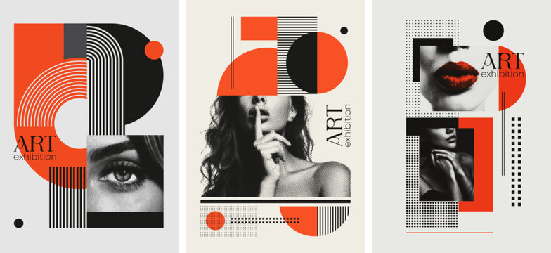 Stylish posters with halftone newspaper photo of womans and geometric shapes