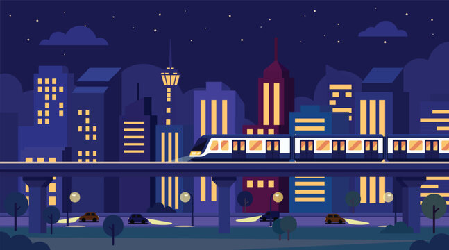 Modern city sky train at night with glowing lights and skyline, flat vector illustration