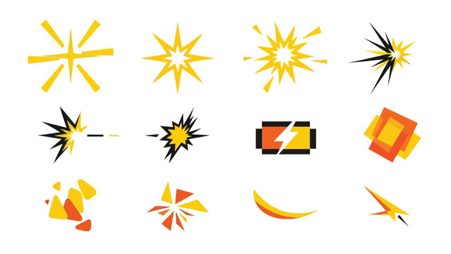Minimalist explosion and flash effect vector icons set for gaming interface.