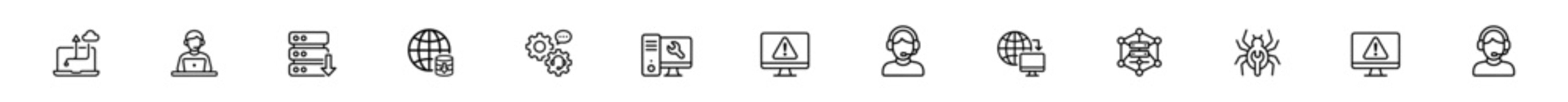 Cybersecurity and IT support vector icon set with cloud server, monitoring, database and protection symbols on transparent background