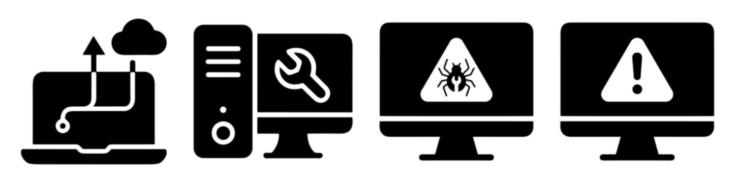 Filled cybersecurity and computer maintenance vector icons with cloud upload, technical repair, malware warning and system alert symbols on transparent background