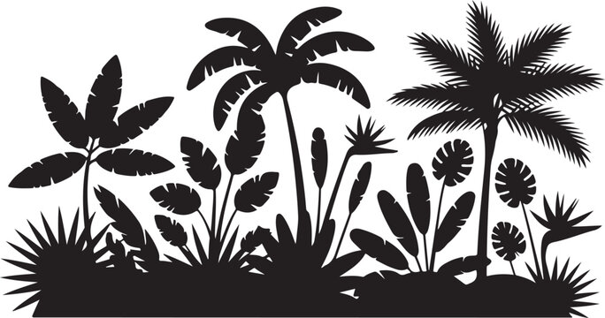 Exotic jungle foliage and palm trees silhouette on transparent background lush tropical plants and forest elements.