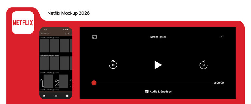 Netflix user interface templates. Netflix mockup, Netflix video player and homepage template screen frame with shadow on dark and light color mode. Streaming platform UI. 2026.


