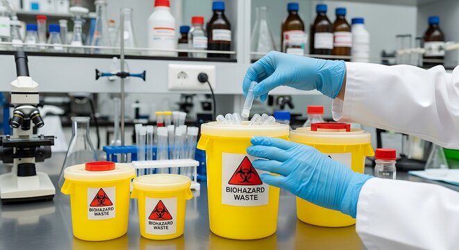 Gloved Laboratory Worker Handling Medical Sample Near Yellow Biohazard Waste Containers in Research Lab