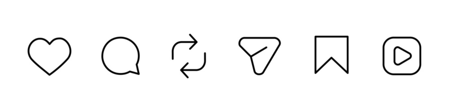 instagram newly updated like, comment, repost, share, save & reels icons. vector ui outline icon set 2026. social media notification interaction symbols